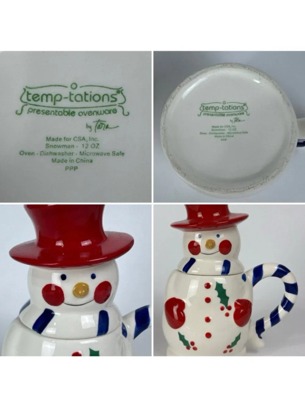Temptations Snowman Red Hat Ceramic 12oz Mug holiday Christmas decor cup